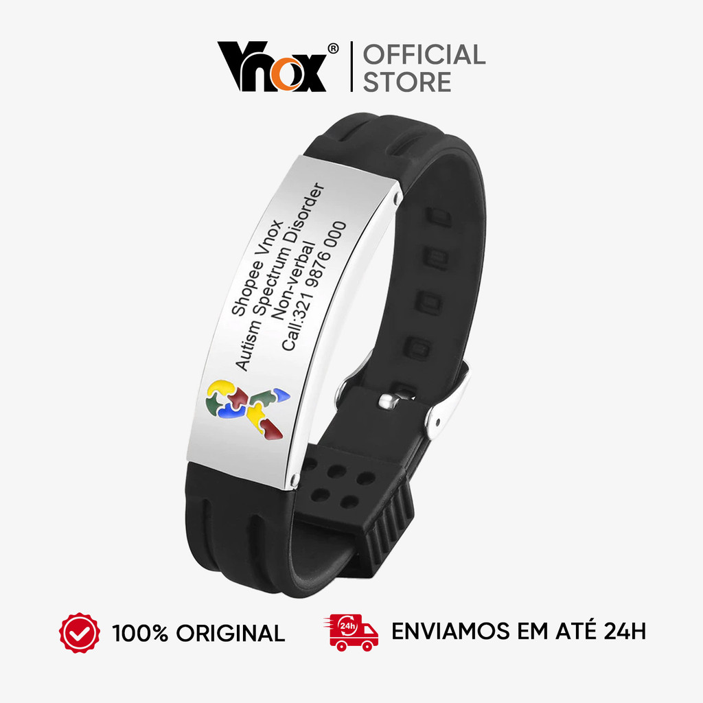 VNOX Pulseira Autismo Masculina Com ICE Emergência - Aço Inoxidável Gravado E Silicone Preto Grátis - Fashion Accessories