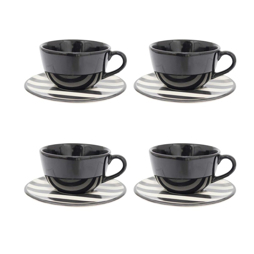 Jogo com 4 Xícaras Grandes 200 Ml Com Pires Unni Oxford Stripes And Dots