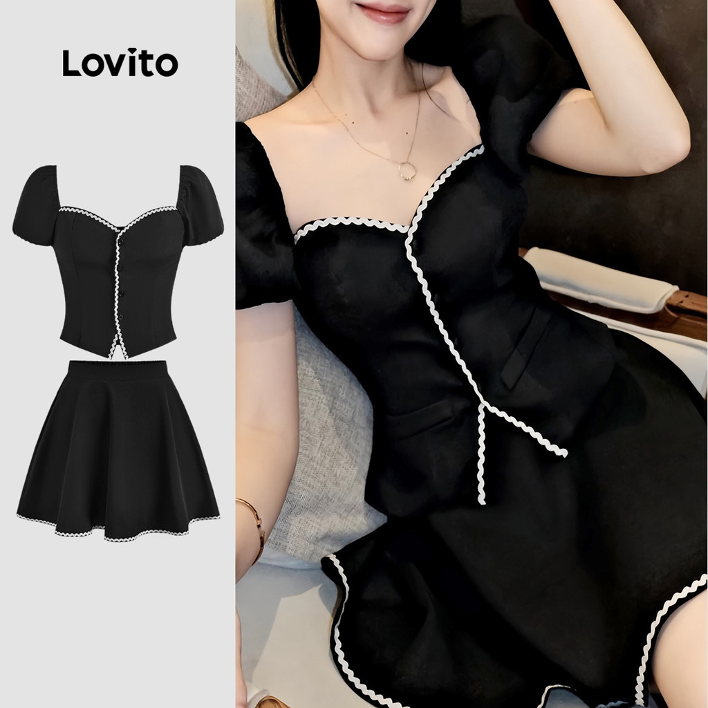 Lovito Tops Ou Calças Casuais Com Encadernação Contrastante, Tops Ou Calças De Verão/Primavera Para Mulheres L128ED419 - Women Clothes