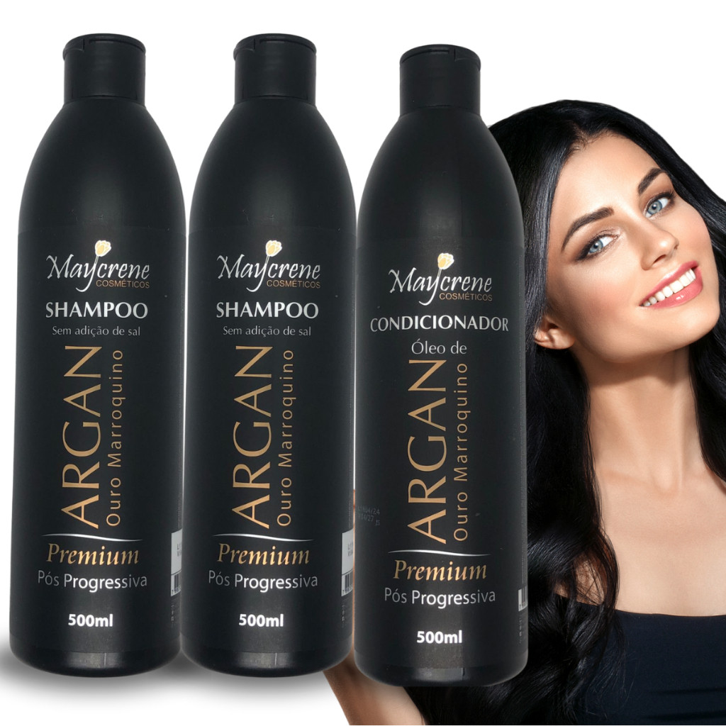 2 Shampoo 500ml + 1 Condicionador 500ml Argan Premium Ouro Marroquino Maycrene