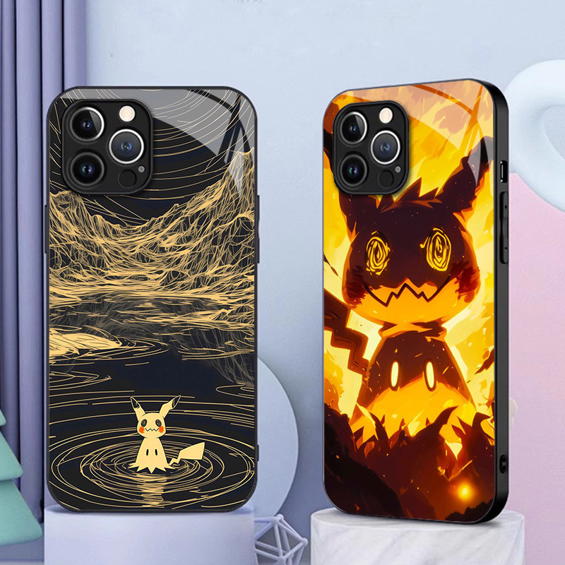Mimikyu Pokemon 02 Caso De Telefone Vidro Para IPhone 16 15 14 13 12 11 Pro XR XS Max Plus Mini X 8 7 6s SE2/3 Capa