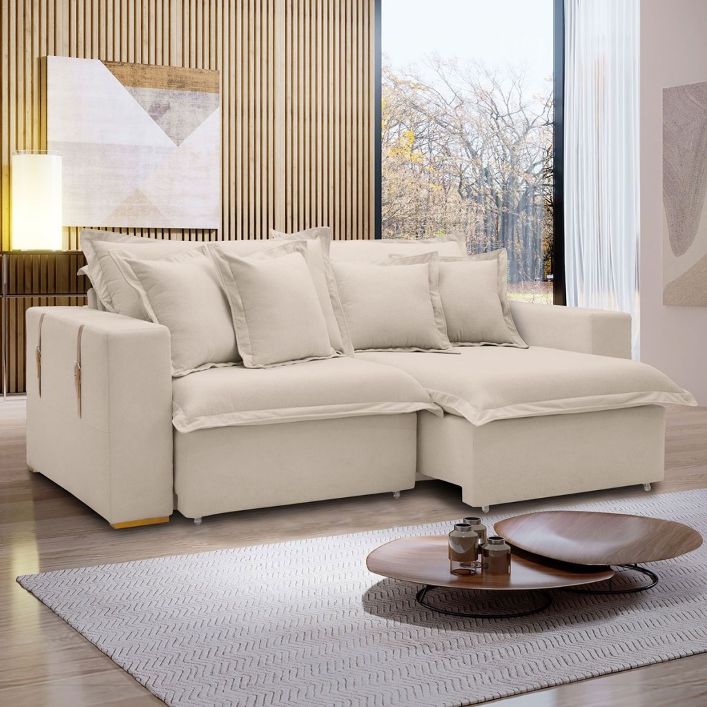 Sofá Cama 3 Lugares Arizona Retrátil 20735 Boucle Bege  - Celflex em Oferta na Shopee