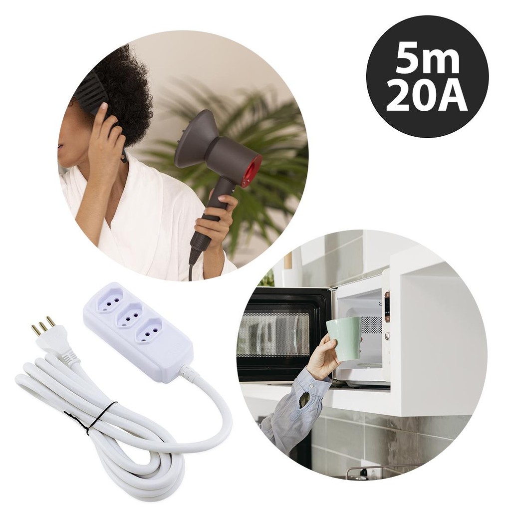 Extensão 3 Tomadas Tripolar Régua de energia 20A 5M Branco