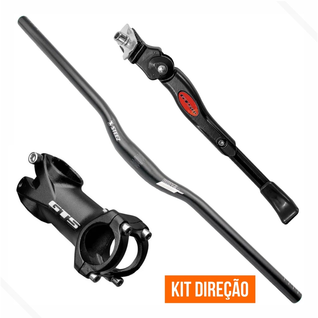 Kit Guidão Bicicleta MTB Alum. Curvo 31.8x700mm c/Suporte Mesa Preto GTS + Descanso Lateral 29 GTS