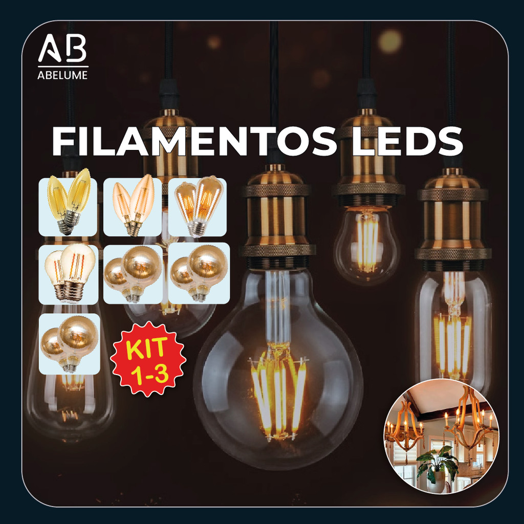 Kit 3 Lâmpada Filamento Vela Led Luz Quente C35 G80 G95 G125 G45 ST64 Ambar Retro Vintage 110V-220V Bivolt - Home & Living