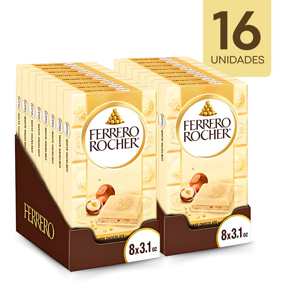 Kit 16 Barras De Chocolate Branco Ferrero Rocher 90g Avelã Recheado Gourmet Saboroso Crocante Aveludado Receitas