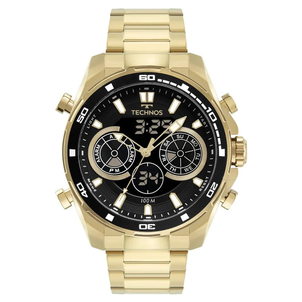 Relógio Masculino Technos Sport Digiana Dourado fundo Preto bisel preto caixa de 48 mm resistência à água de 10 ATM