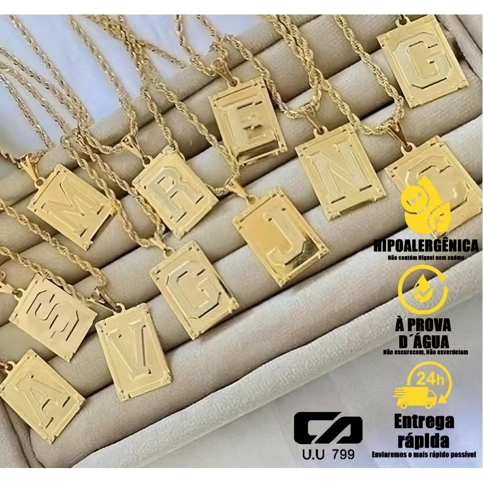 Colar Feminino com Pingente de Letra Inicial - Folheado a Ouro 18K, Corrente Baiana A-Z