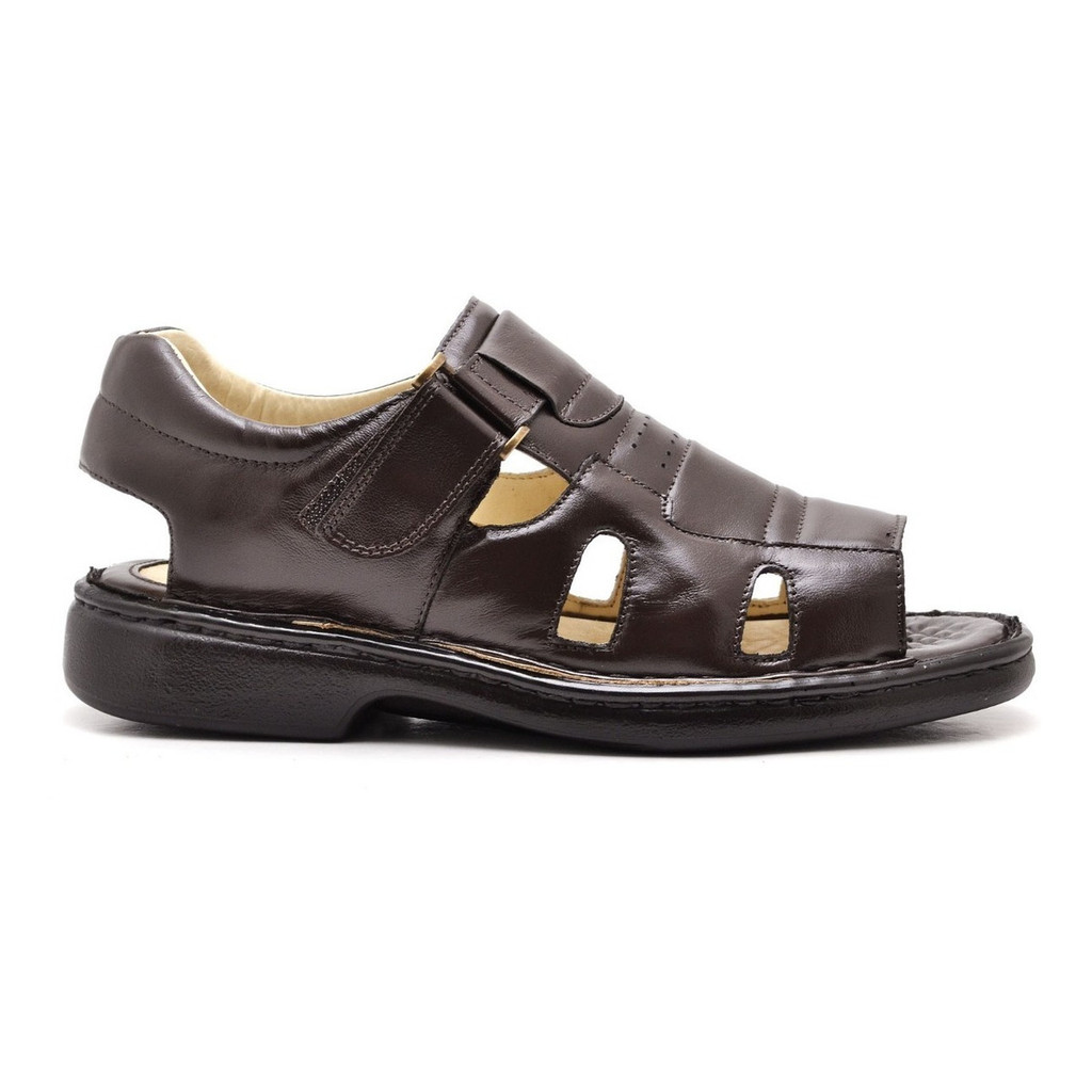 Sandália Masculina Em Couro De Carneiro Confort Palmilha Gel Com Bolinhas Massageadora Ortopédica Saúde Para Os Pés