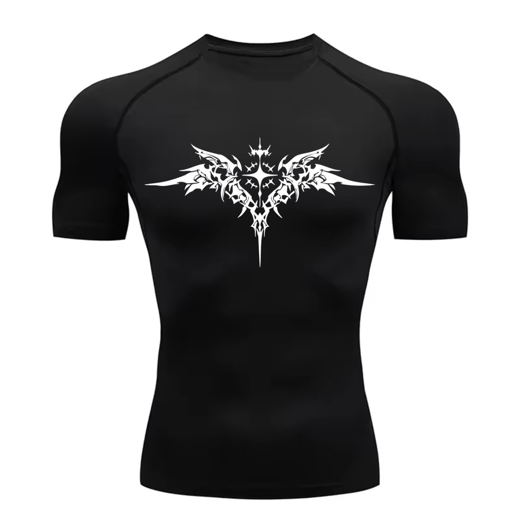 Camiseta Compressão Proteção Uv Estampada Na Frente Tecido Gelado Segunda Pele Manga Curta Cyber Tribal Asas 03