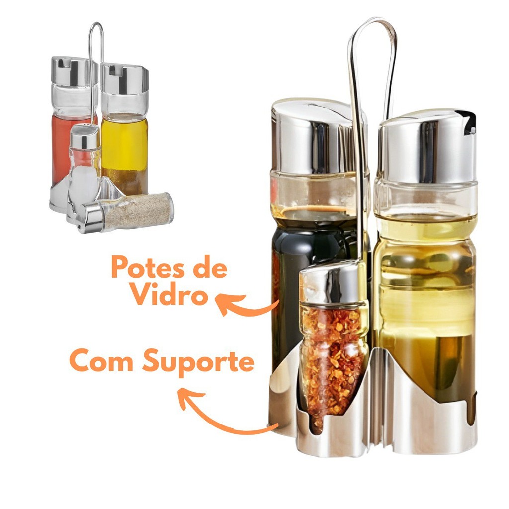 Galheteiro de Vidro Jogo 5 Peças Azeite Sal Vinagre Saleiro porta tempero