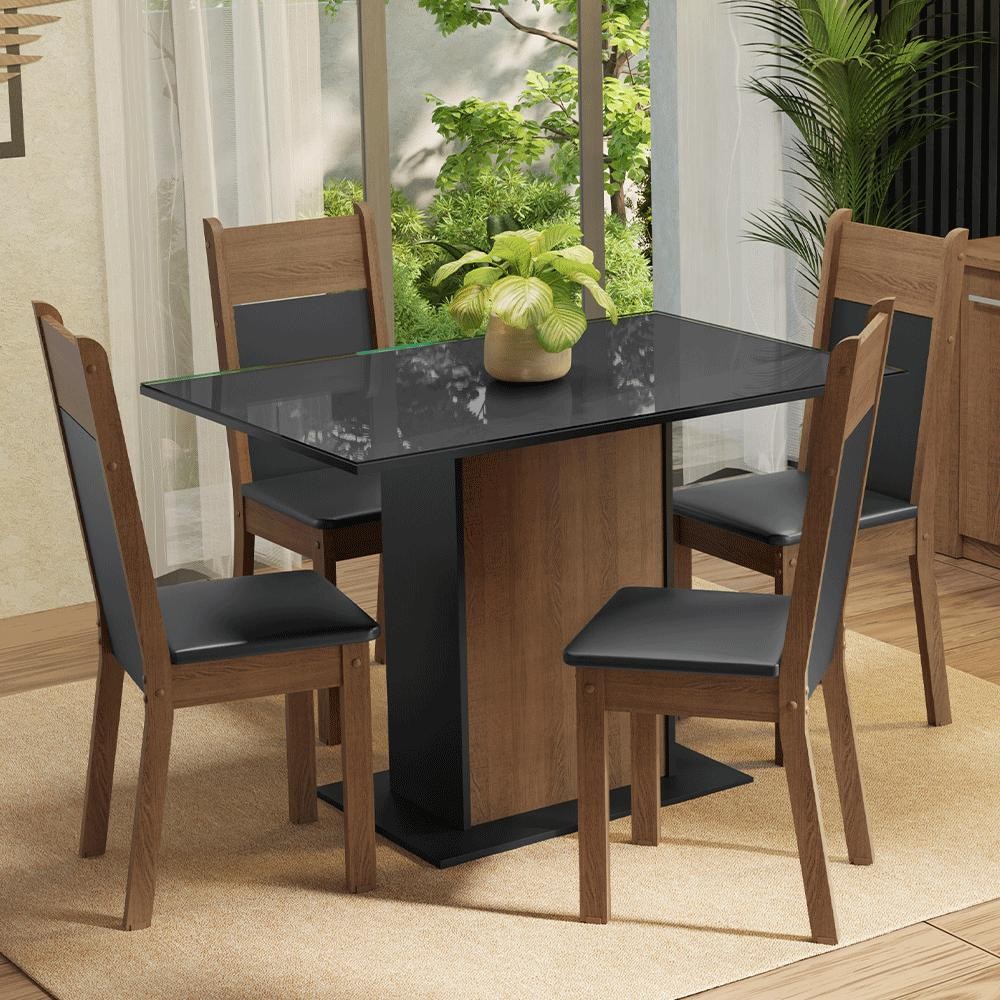 Conjunto Sala de Jantar Mesa Tampo de Vidro 4 Cadeiras Rustic/Preto Viena Madesa - Home & Living