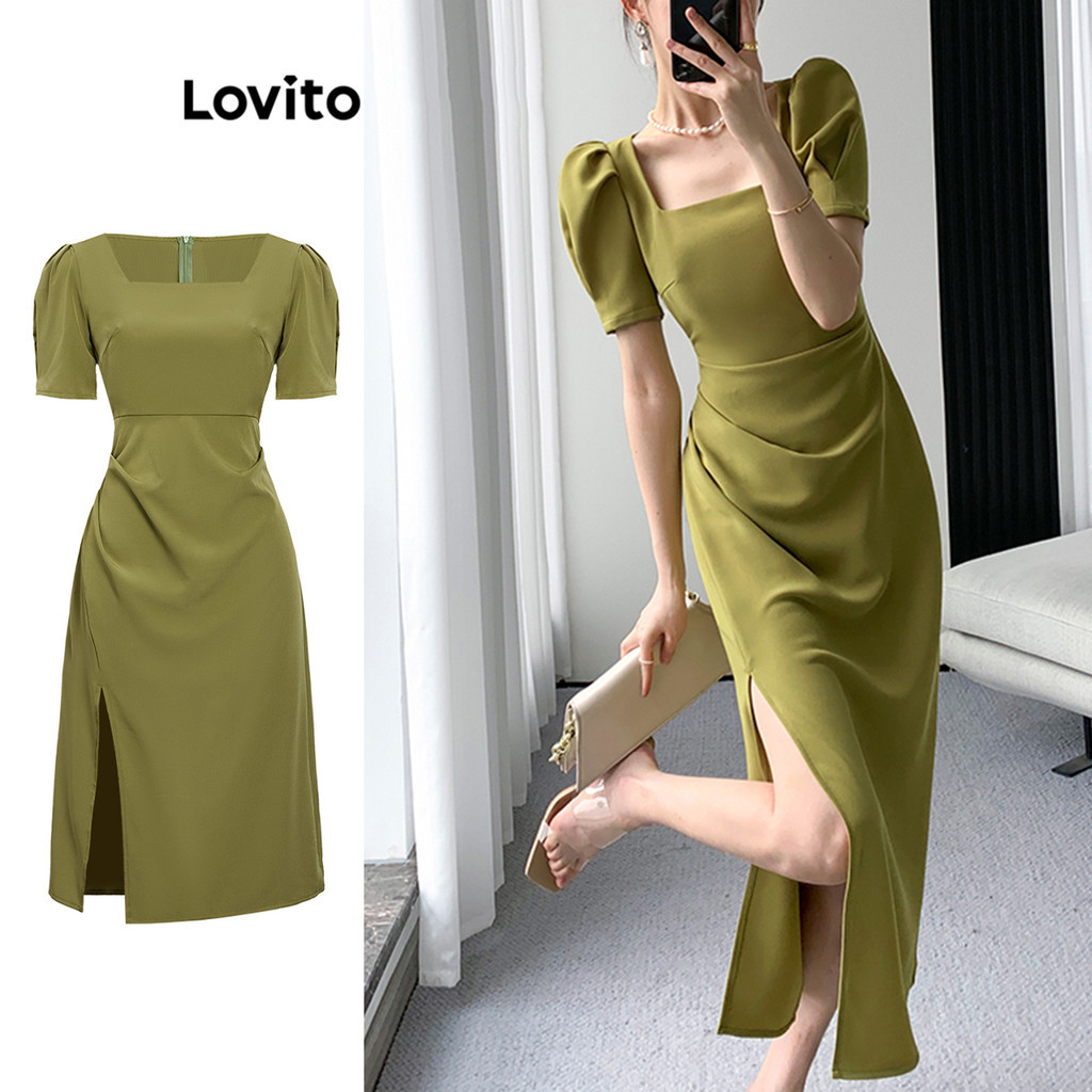 Lovito Vestido Elegante Vestido Liso Franzido Para Mulheres L100MD298 em Oferta na Shopee