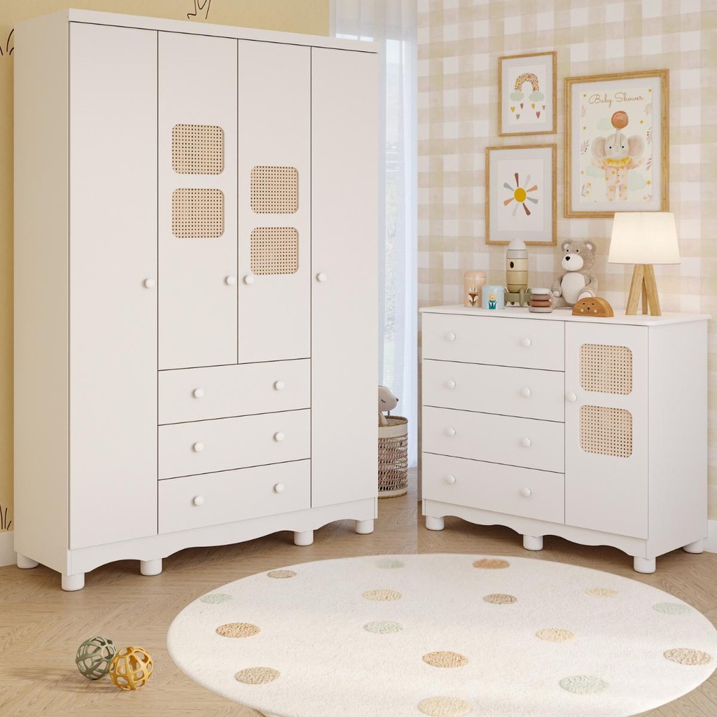 Quarto de Bebê Completo Guarda Roupas 4 Portas Cômoda 1 Porta 4 Gavetas 100% MDF Telinha em Oferta na Shopee