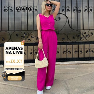 (LIVE STREAM SALE) Lovito Conjuntos elegantes de calças com bolso falso com botão liso para mulheres LNL77466 em Oferta na Shopee