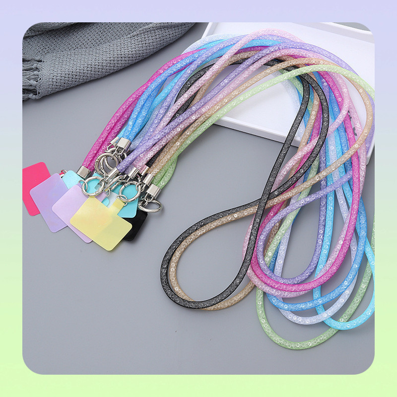 Cadeia de Celular de Corda de Malha com Infusão de Diamante Longa, Cordão de Celular, Alça de Celular, Cinta de Celular,