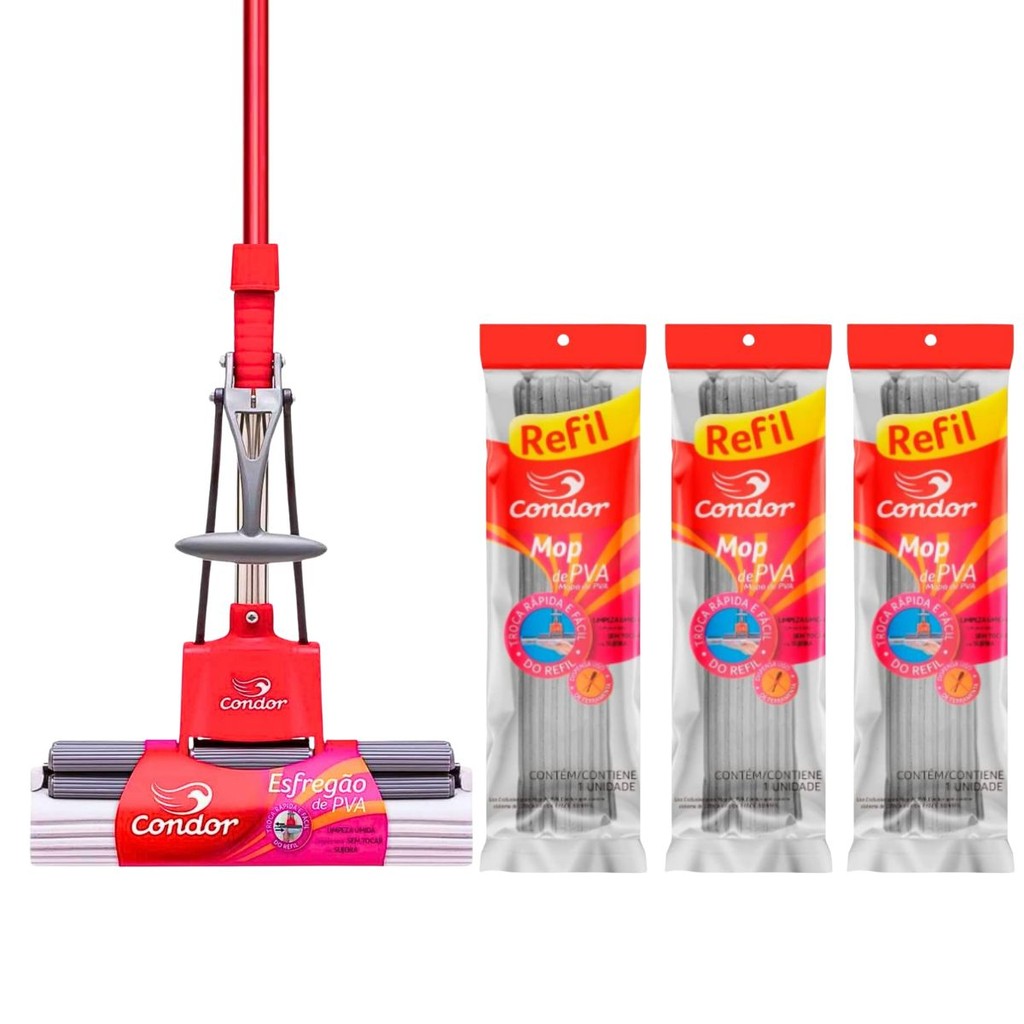 Kit 1 Rodo Mágico Condor Mop PVA Com Cabo 3 Refil Mop Limpa e Seca 