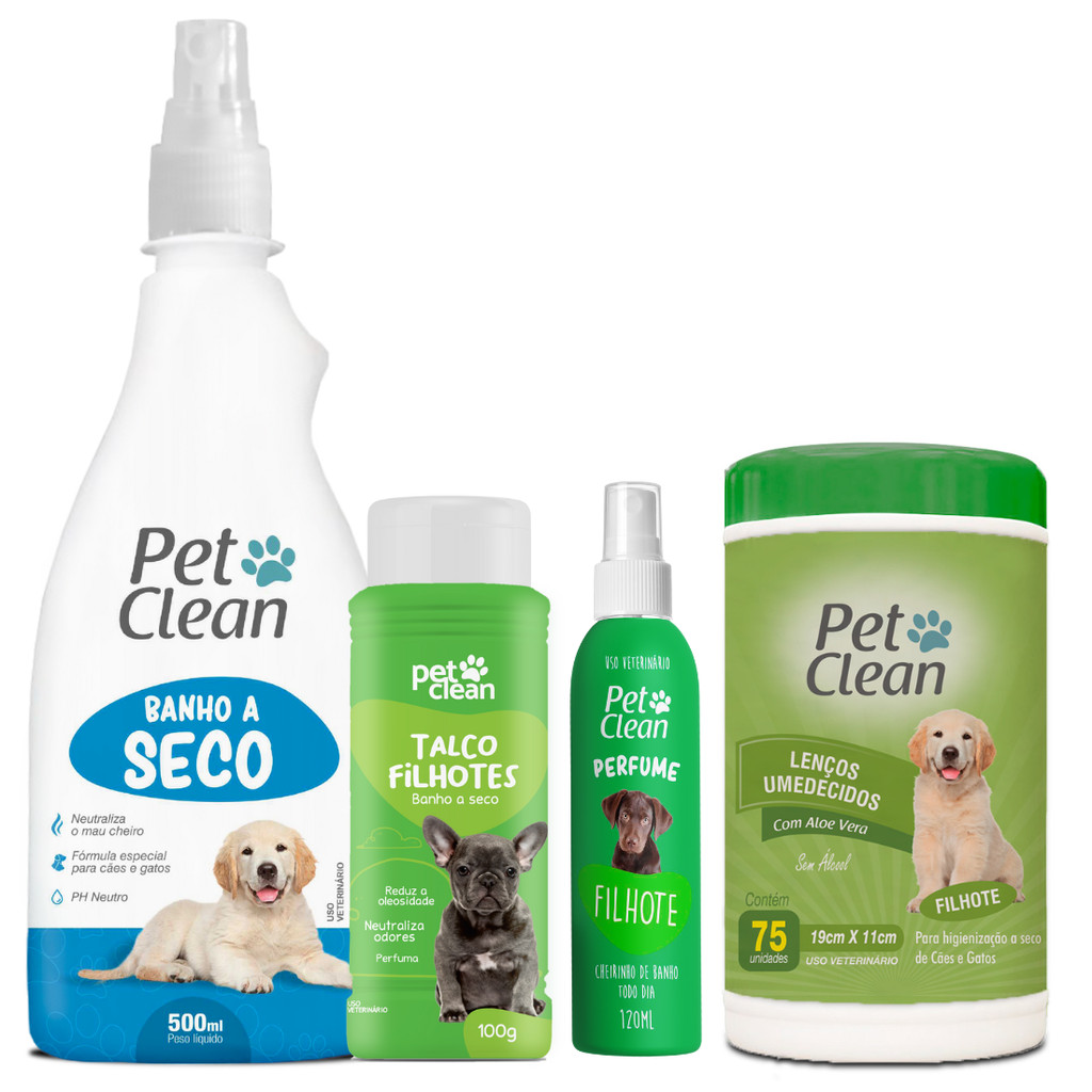 kit Banho a Seco Talco, Lenço e Perfume para Cachorro e Gato PetClean