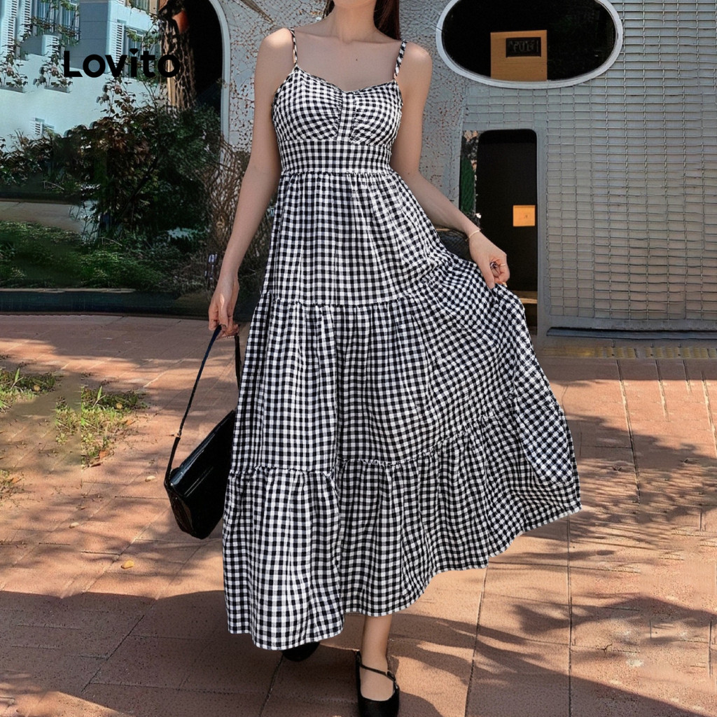 Lovito Vestido Casual de camada em camadas com costura em tecido guingão para mulheres LBL23755 - Women Clothes
