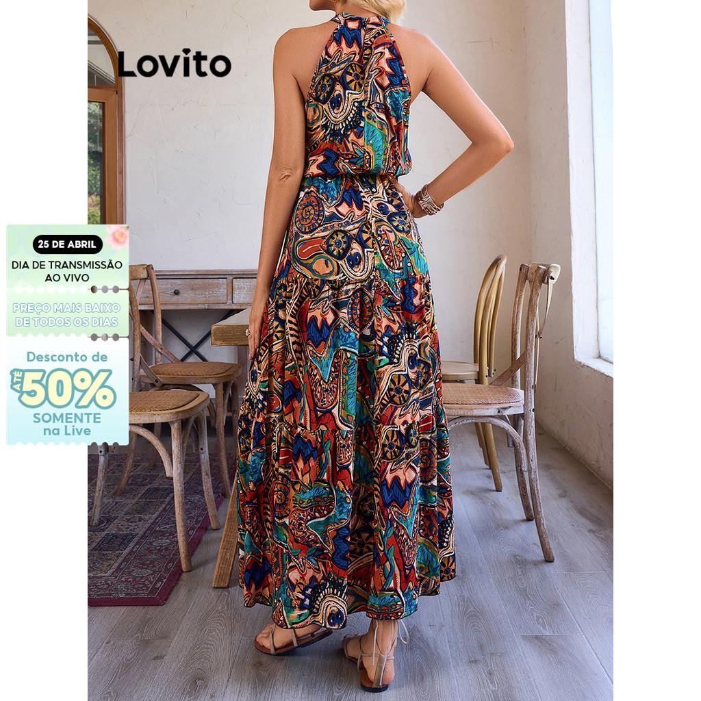 Lovito Vestido boho tribal estampado com cinto de ombro frio para mulheres LBL15435