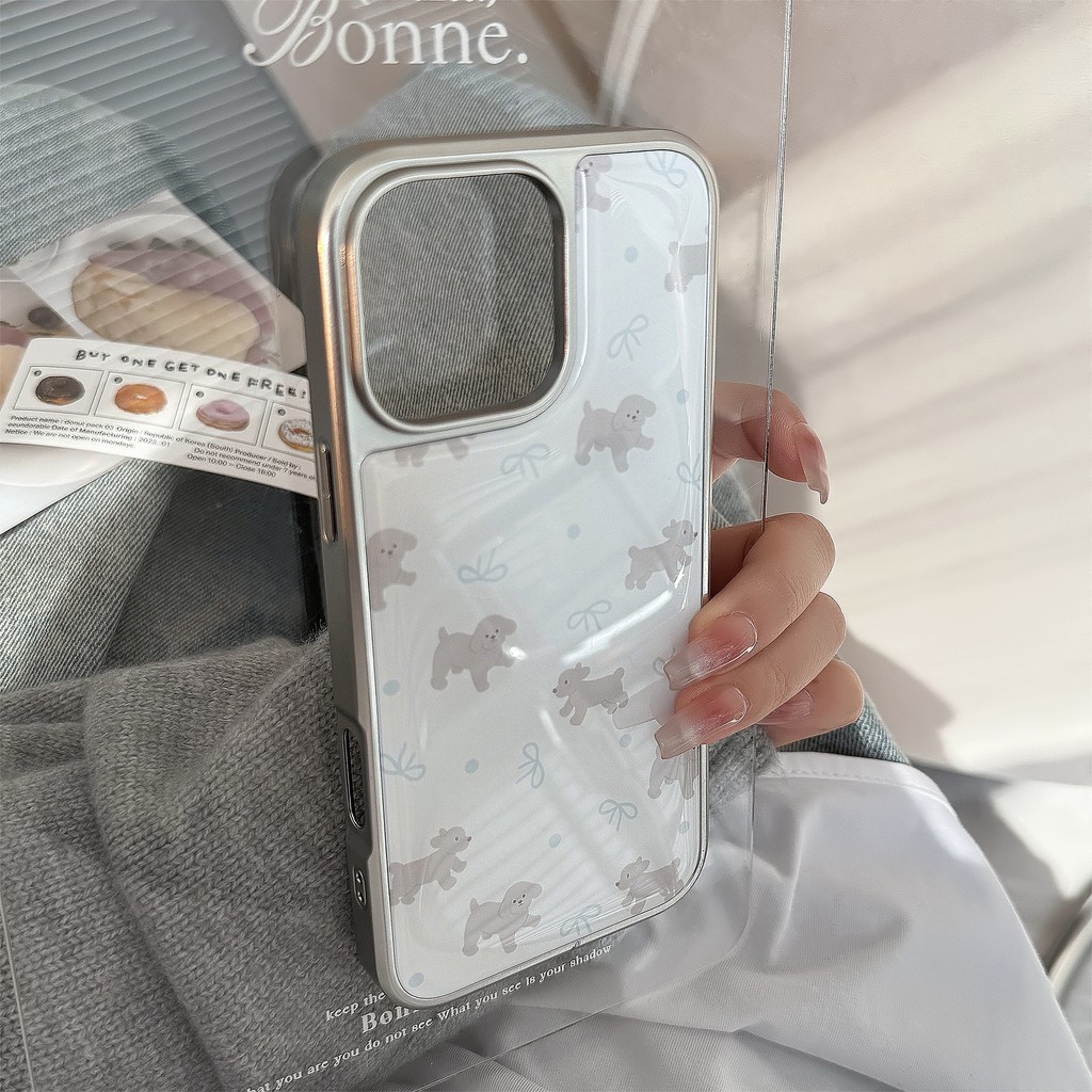 Huiwanju Pelúcia Cinza Fofa Para iPhone16 Apple 15promax Capa Celular ip14 Borda Prateada Epóxi 13 Nicho 15 Dura Proteto