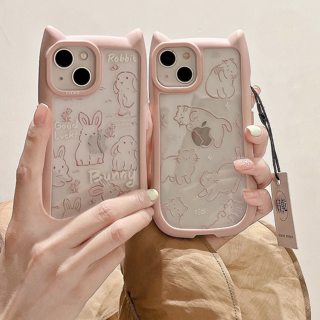 Capinha iphone 11/12/13/14/15/16 Pro max,Capa de telefone transparente com orelhas de gato 3D, linhas gato coelho