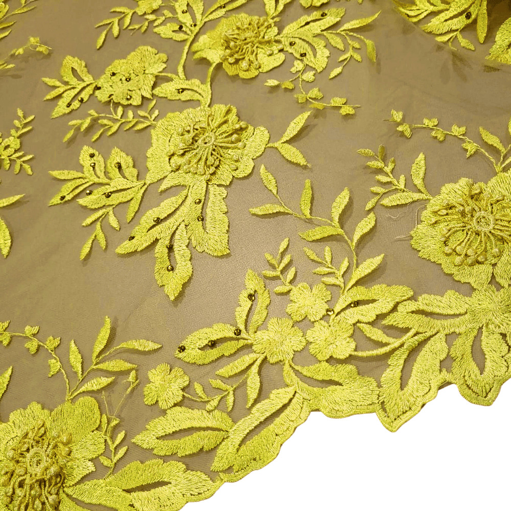 Renda para Vestido de Festa Tule Bordado Amarelo com Strass em Metro - 1,30m x 1m