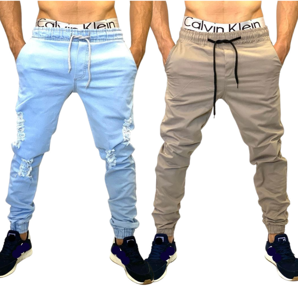 Kit 2 Calças Jogger Masculina Jeans e Sarja Rasgada e lisa Com Punho Elastico e cordão de ajuste