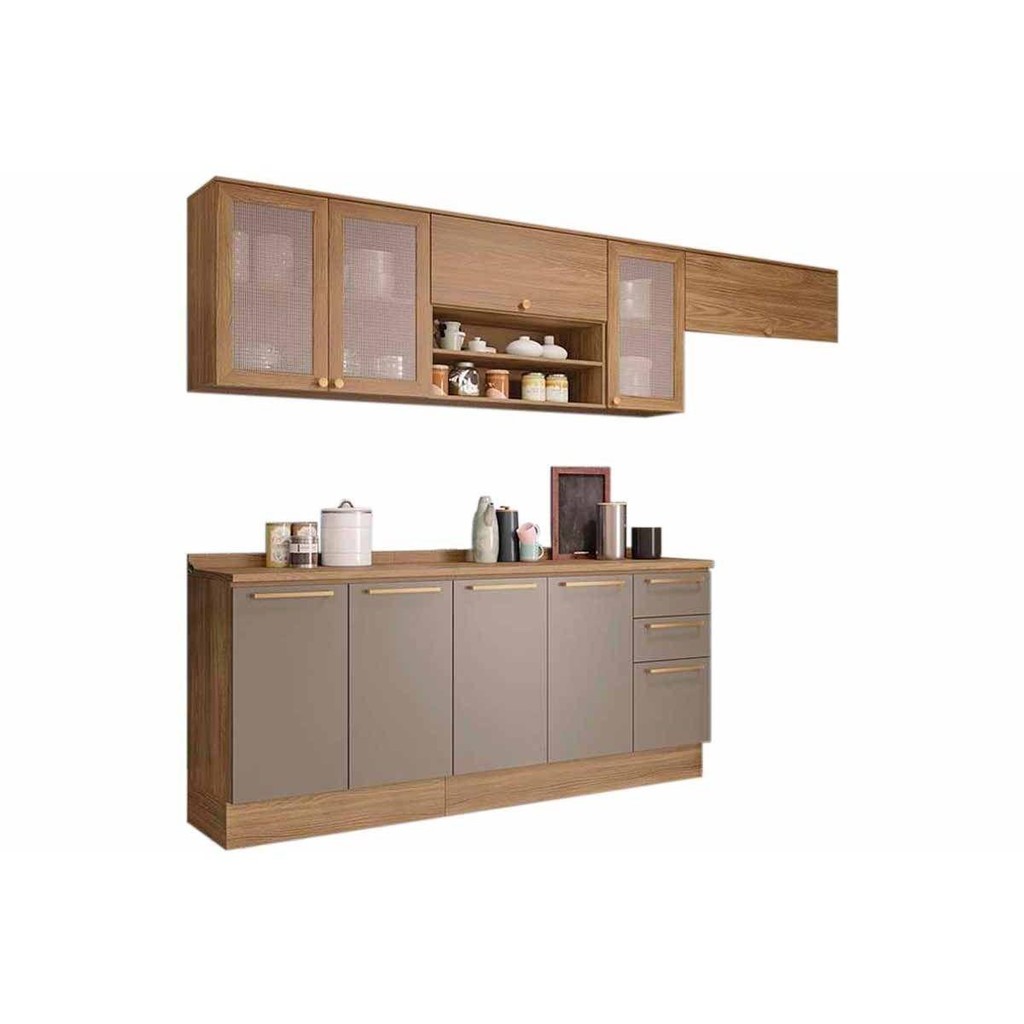Cozinha Completa Botanic 7 Peças (3 Armários + 2 Balcões + 2 Complemento) M656 Nogueira/Fendi - Kappesberg em Oferta na Shopee