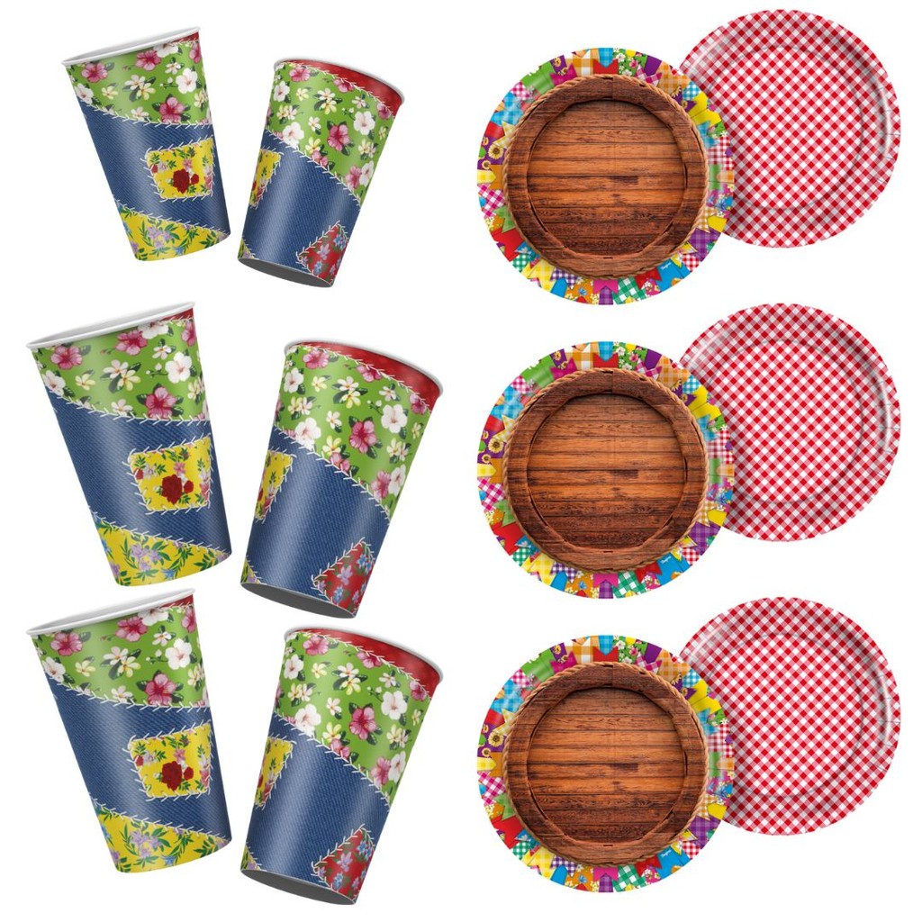KIT FESTA JUNINA ARRAIA 16 PRATOS + 16 COPOS DESCARTAVEL 180 Ml PAPEL - REGINA (CHOCO)