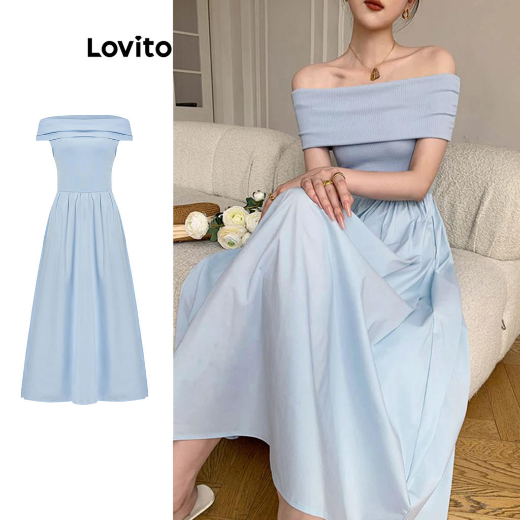 Lovito Vestido Elegante Liso Com Costura Em Tecido De Ombro Frio Para Mulheres L100MD428