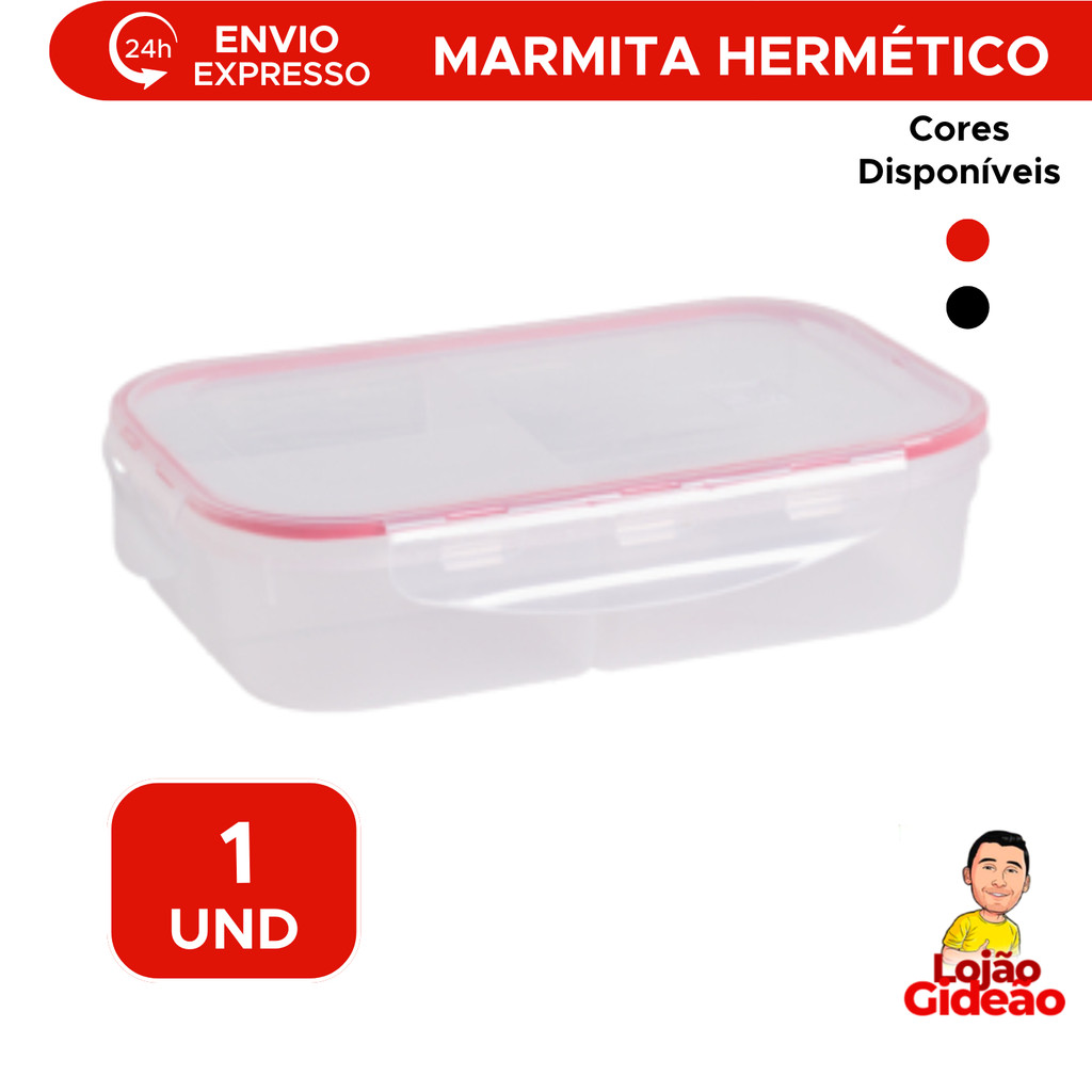 Marmita Hermética Retangular Pote De Plástico Com Trava E Divisória 1L Para Mantimentos Resistente