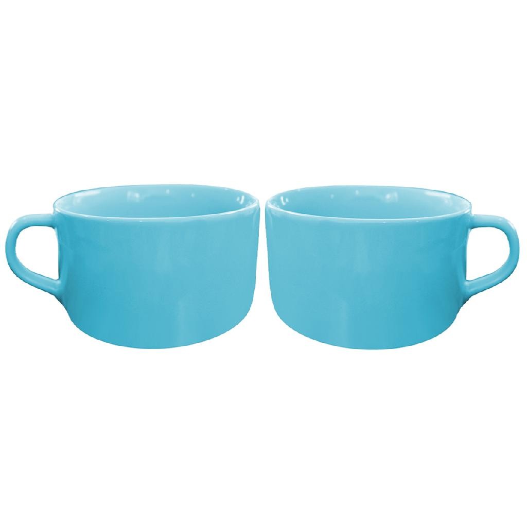 Kit Com Duas Canecas Azul Xícara De 450ml Jumbo Porcelana Caldo Cereal Sopa Sobremesa Cozinha Louça