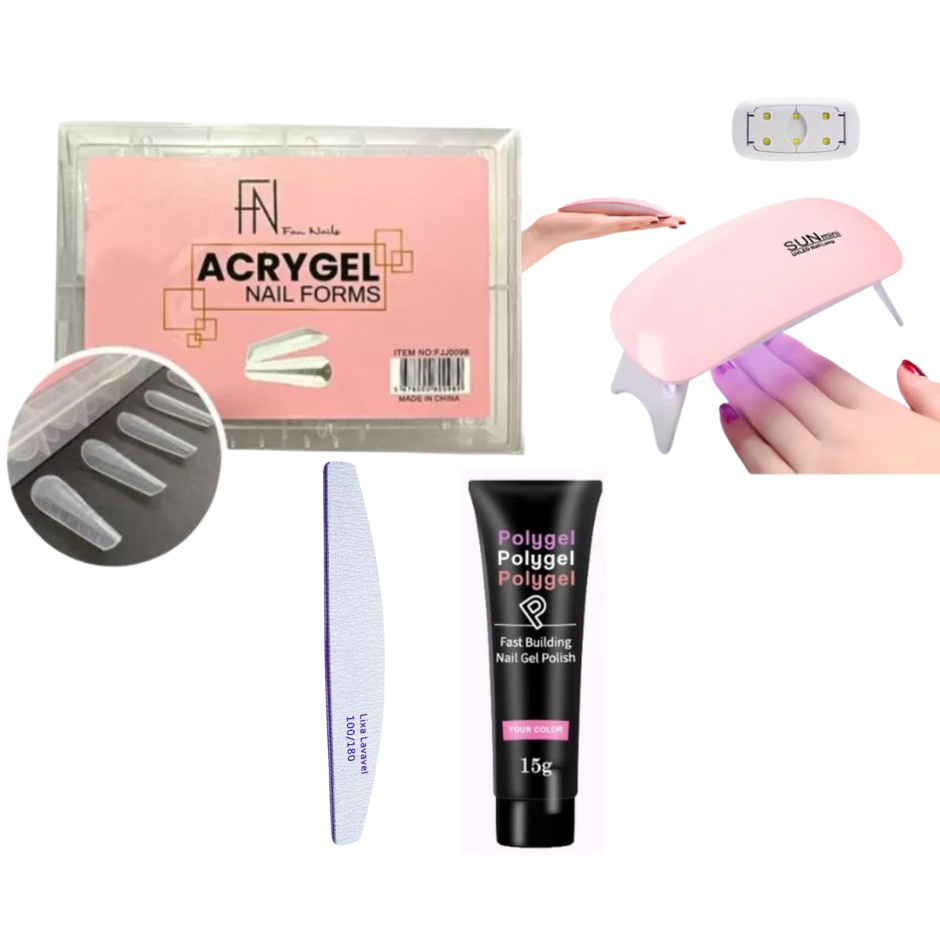 Kit Polygel Alongamento De Unha + Molde F1 + Lixa + Cabine Sun Mini Poligel Alongamento Unhas Polygel