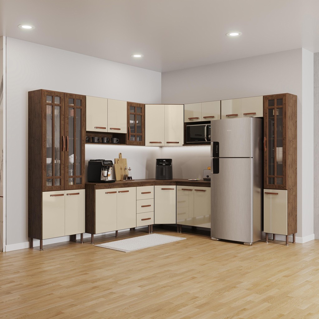 Cozinha Modulada Completa Fidelitá Lisboa 9 Peças 515cm 20 Portas 3 Gavetas Com Tampo Noce/Off-White em Oferta na Shopee
