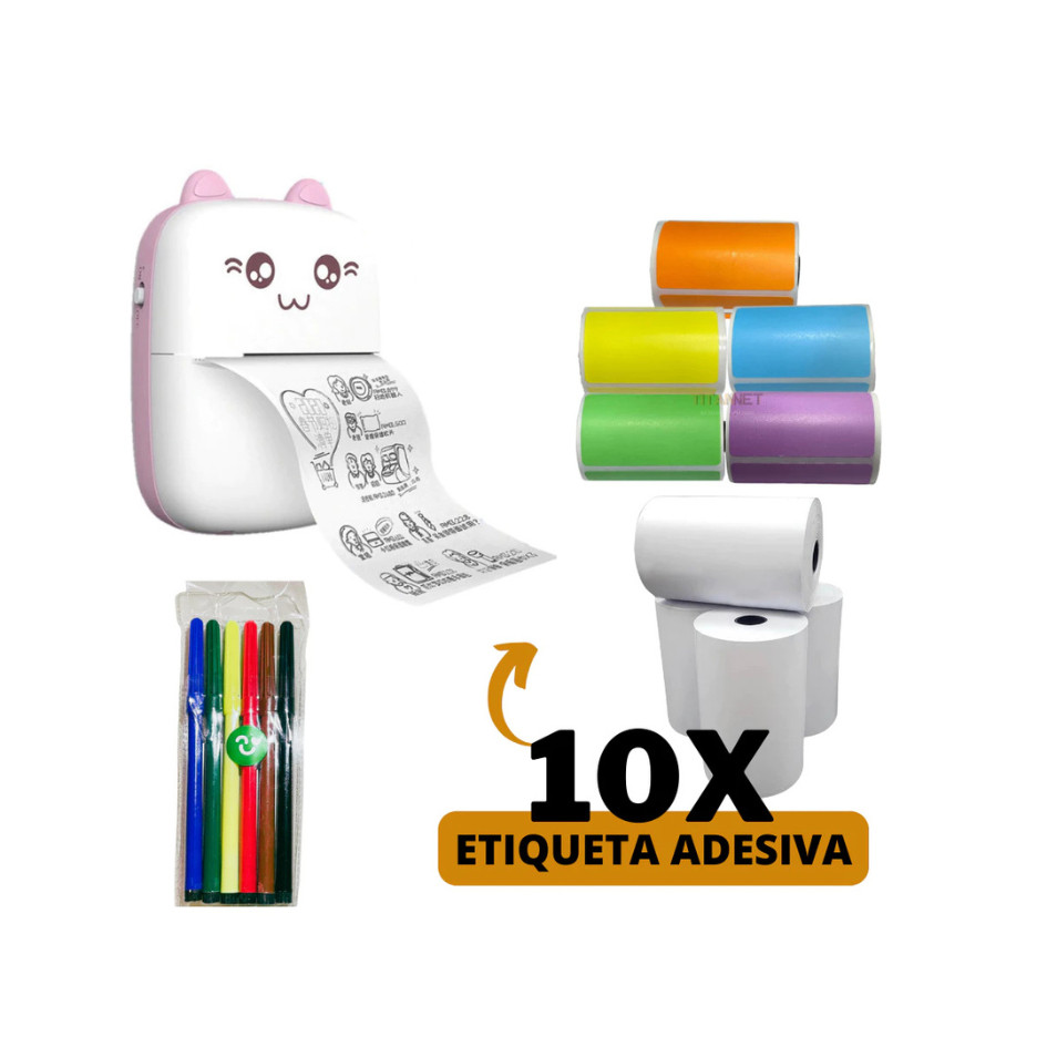 Mini Impressora Térmica Gatinho + 10 Rolos (5 Coloridos + 5 Brancos) + 1 Kit Canetinhas em Oferta na Shopee