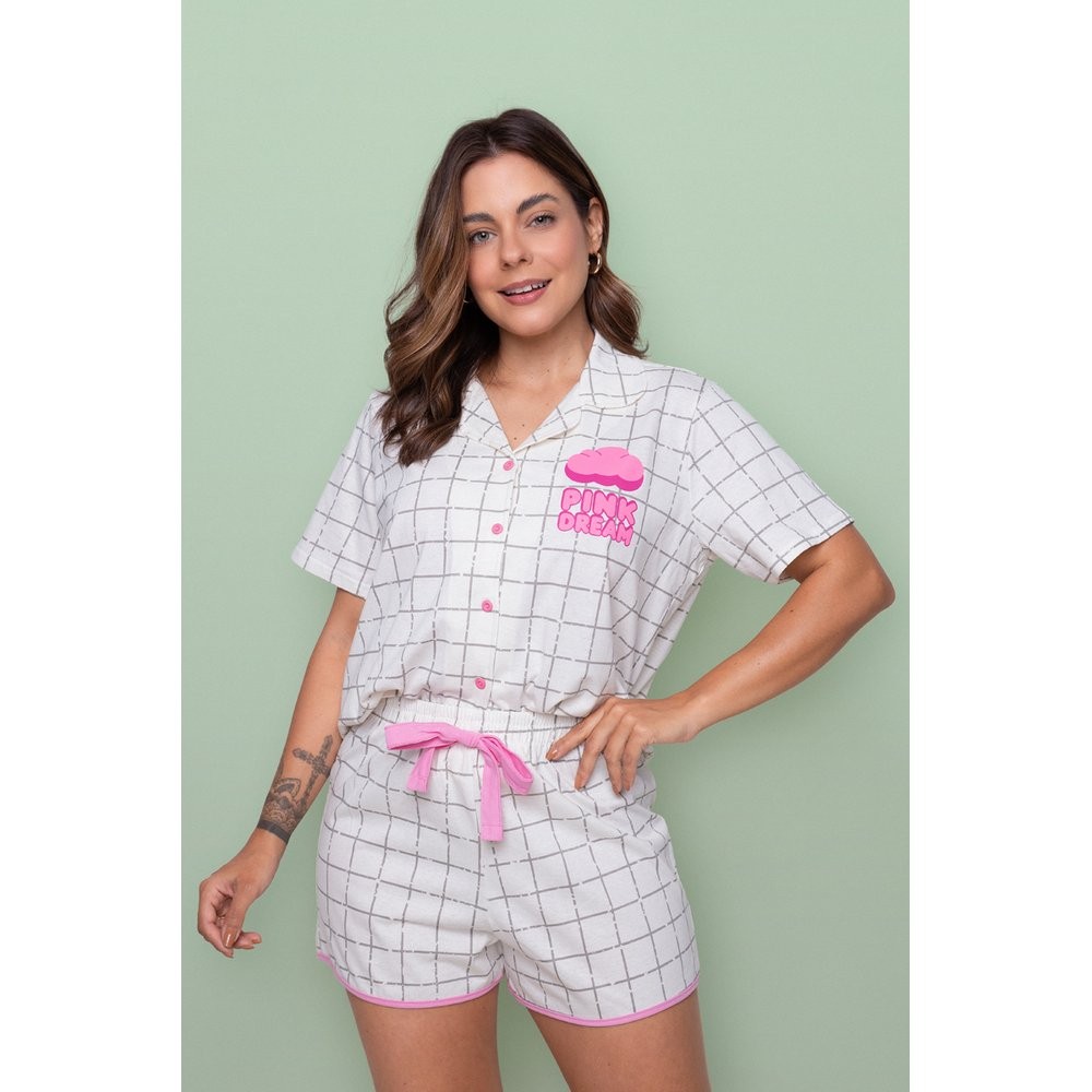 Pijama Americano Blogueirinha Algodão Manga Curta Botões Abertura Xadrez Off em Oferta na Shopee