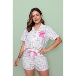 Pijama Americano Blogueirinha Algodão Manga Curta Botões Abertura Xadrez Off em Oferta na Shopee