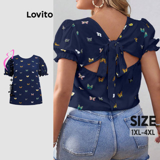 Lovito Blusa Plus Size Curve Casual Butterfly Knot para Mulheres LBL19347 em Oferta na Shopee
