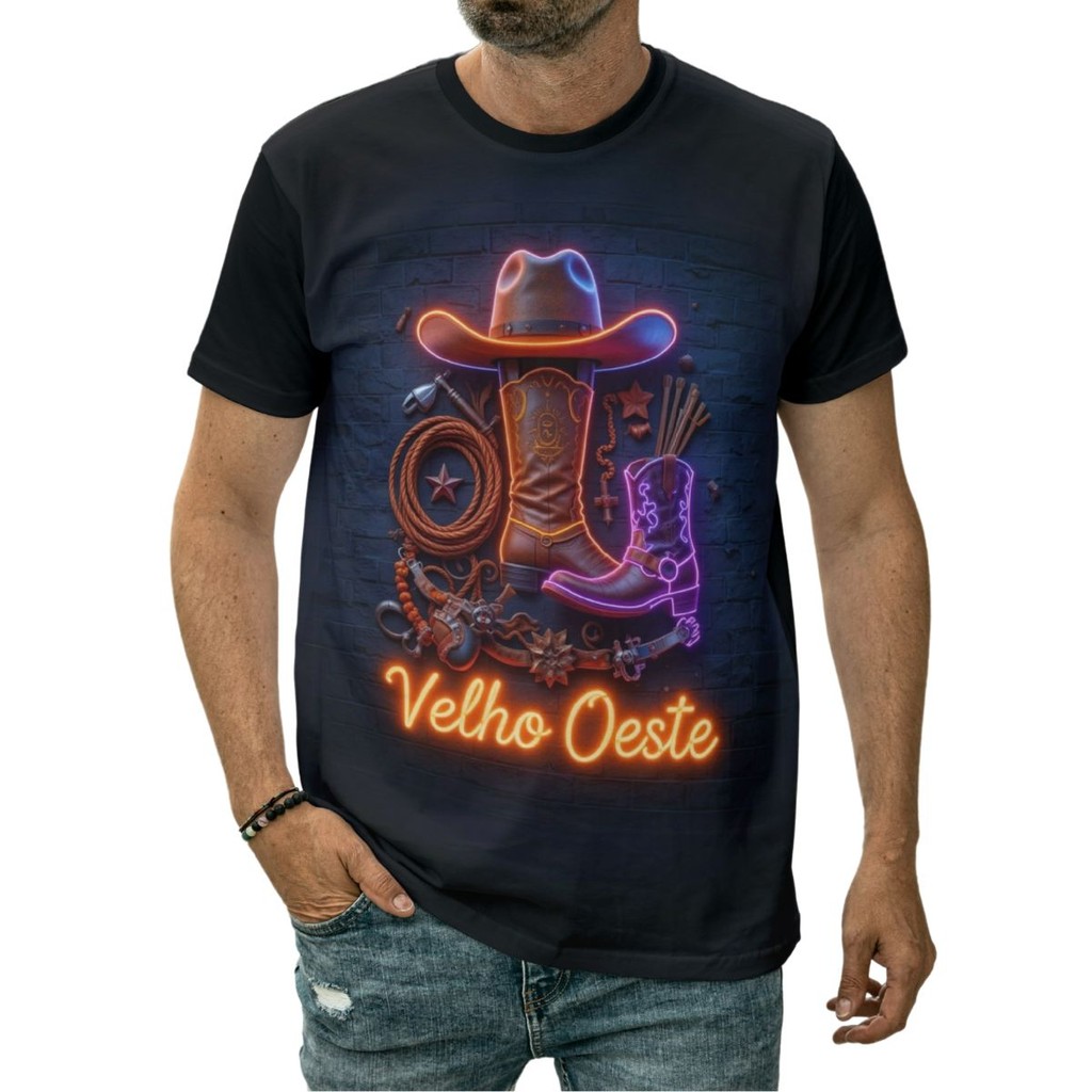 Camiseta Velho Oeste Cowboy Aventura Chapéu Bota Deserto
