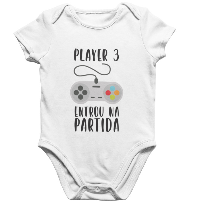 Body Bebê Manga Curta Frase Player 3 Entrou na Partida em Oferta na Shopee