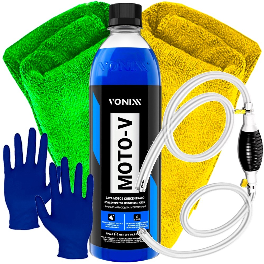 Kit Limpeza Automotiva Shampoo Moto-V Vonixx Bomba Sucção Combustível Luva Nitrílica Toalha Microfibra Karbox Oferta