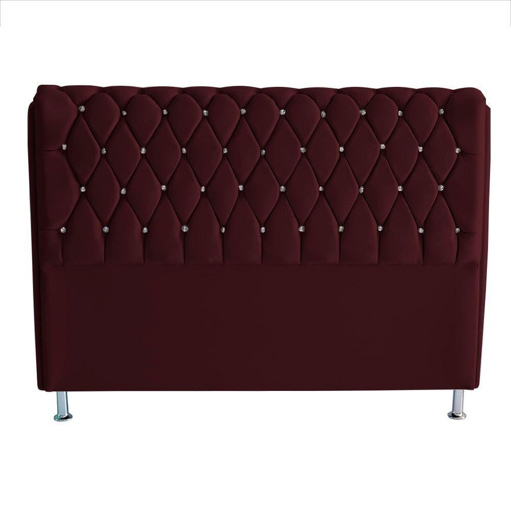 Cabeceira De Cama Box Jully Queen 160 Cm Botão Strass Suede Vinho Do Lar Móveis