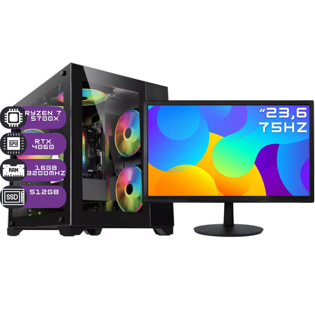 PC Gamer Agaron COMPLETO Ryzen 7 5700X, NVídia GeForce RTX 4060, 16GB RAM, SSD 480GB, Gabinete Aquário, Lateral Vidro -