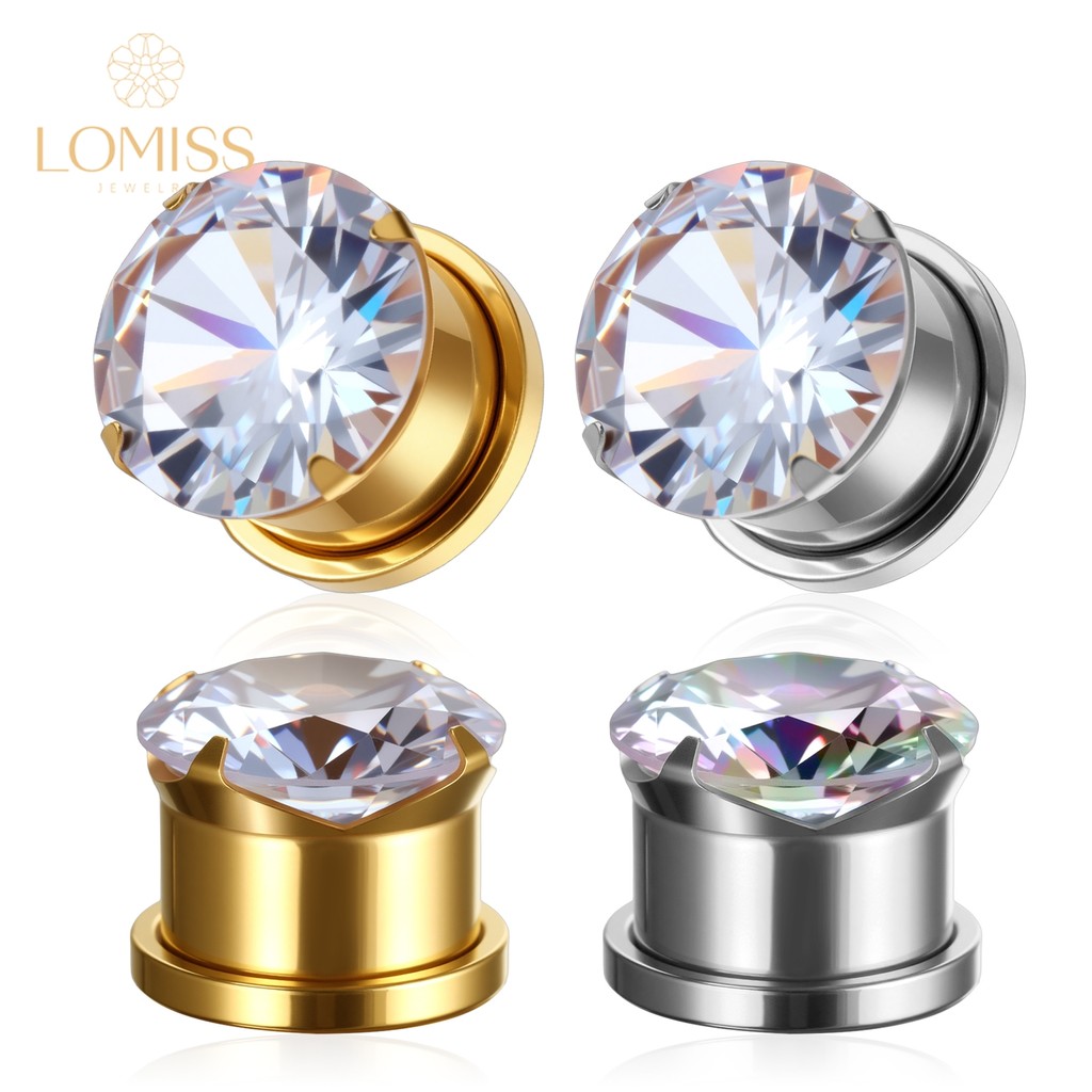 Alargador de Orelha Personalizado Aço Cirúrgico Pedra Redonda Preto / Branco Lóbulo em Oferta na Shopee