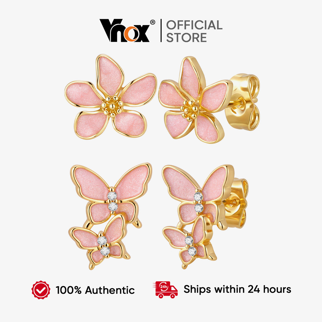 Vnox Zircão Cúbico Rosa Borboleta Arco Flores Brincos , Banhado A Ouro Requintado Hipoalergênico Femininos Jóias em Oferta na Shopee