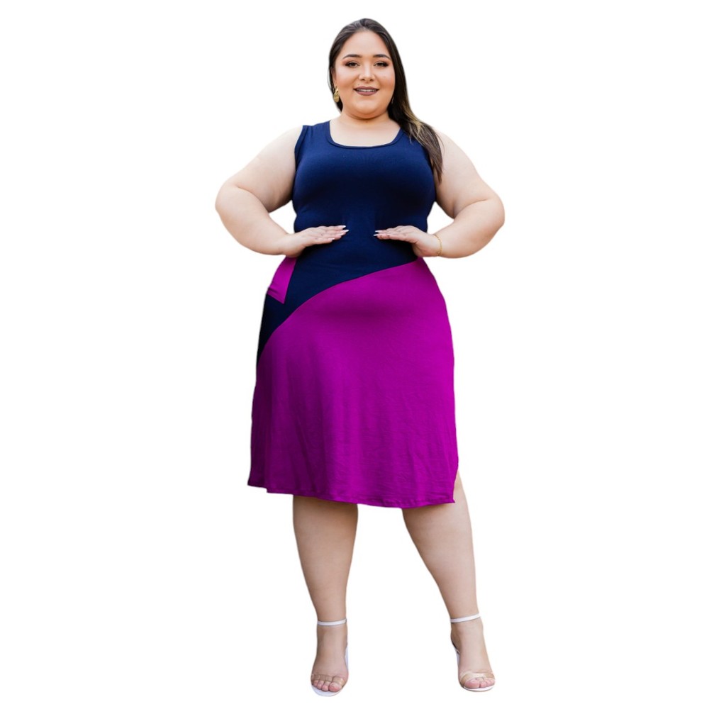 Vestido Plus Size Regata Altura do Joelho Bicolor