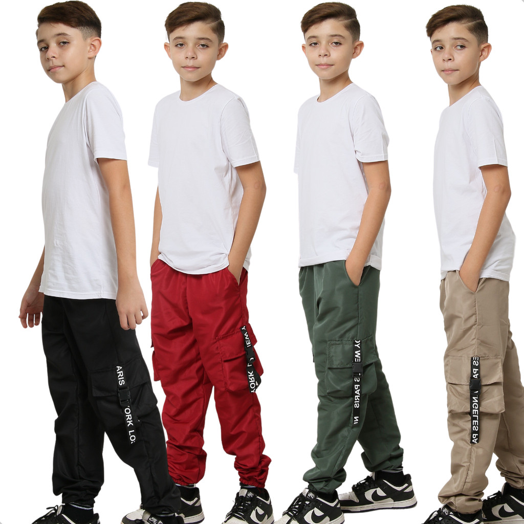 Calça Jogger Cargo Infantil Menino Preta Verde Vermelha Bege Tamanho 10 12 14 Anos Blogueiro Street em Oferta na Shopee