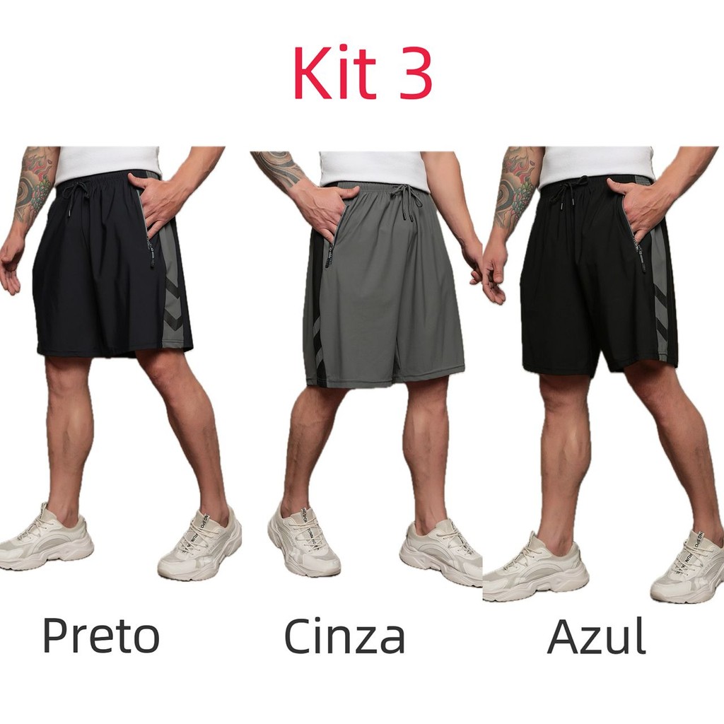 KIT 3 Bermuda De Compressão Para Corrida Masculina Com Bolso PRETO AZUL CINZA