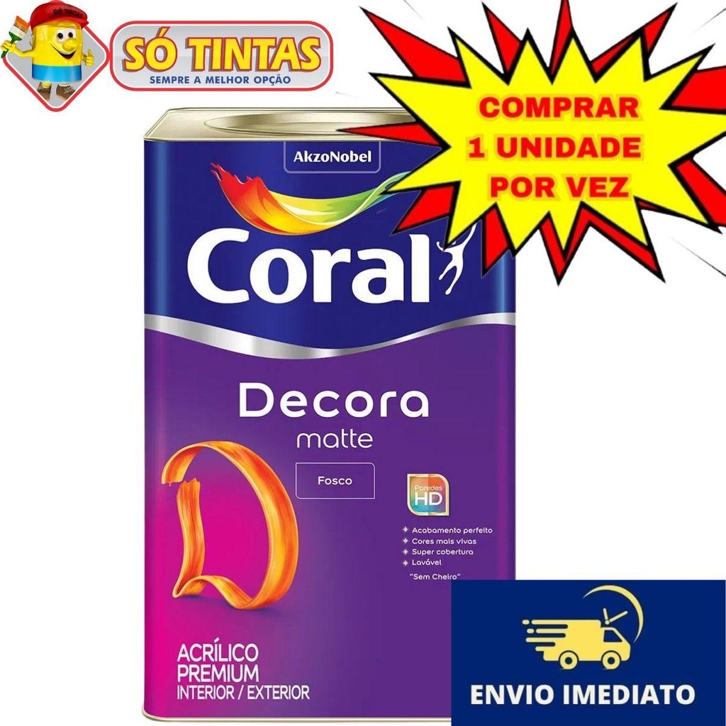 Tinta Acrílica Decora Matte Premium Fosco Acabamento Perfeito Lavável 18 Litros Coral em Oferta na Shopee